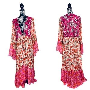 GigiO pink floral chiffon flare sleeve floor length tie front kimono size large